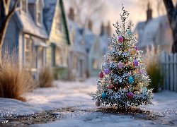 Boże Narodzenie, Choinka, Bombki, Domy, Zima, Grafika AI