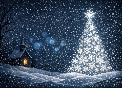 Zima, Świąteczne, Choinka, Płatki śniegu, Kościół, Śnieg, Grafika