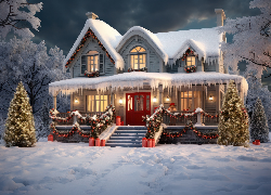 Zima, Świąteczny, Dom, Choinka, Boże Narodzenie, Grafika
