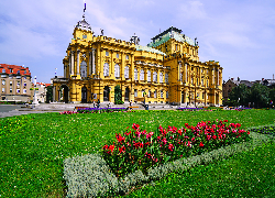 Chorwacja, Zagrzeb, Teatr, Chorwacki Teatr Narodowy, Trawnik, Kwiaty