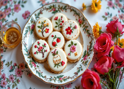 Lukrowane, Ciasteczka, Talerz, Kwiaty