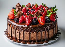 Ciasto, Czekoladowe, Owoce, Truskawki, Jeżyny, Polewa, Talerz