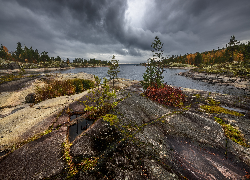 Rosja, Jezioro, Ładoga, Skały, Drzewa, Ciemne, Chmury, Jesień