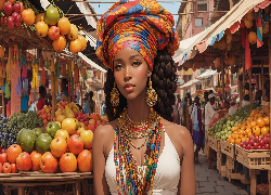 Afrykańska, Dziewczyna, Biżuteria, Turban, Rynek, Owoce, Jabłka, Winogrona
