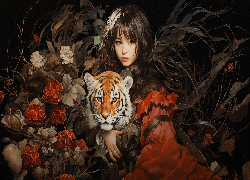 Dziewczyna, Tygrys, Kwiaty