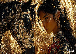 Kobieta, Koń, Złota, Uprząż, Grafika