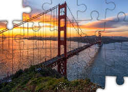 Most, Golden Gate Bridge, Cieśnina Golden Gate, San Francisco, Wschód słońca, Kalifornia, Stany Zjednoczone