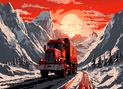 Ciężarówka, Góry, Zima, Zachód słońca, Grafika