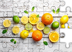 Owoce, Cytrusy, Pomarańcze, Cytryny, Limonki, Listki, Drewniane, Deski