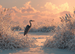 Czapla siwa, Zima, Ośnieżone, Trawy, Szuwary, Grafika AI