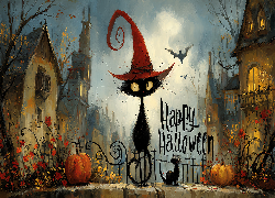 Kot, Dynie, Domy, Halloween, Grafika AI