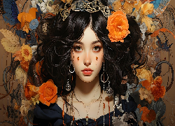 Kobieta, Czarnowłosa, Biżuteria, Kwiaty, 2D