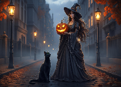 Czarownica, Czarny, Płaszcz, Czarny, Kapelusz, Czarny, Kot, Ulica, Domy, Latarnie, Halloween