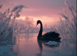 Czarny, Łabędź, Jezioro, Trawy, Grafika AI