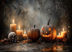 Halloween, Dynie, Czaszka, Świece, Deszcz, Grafika AI