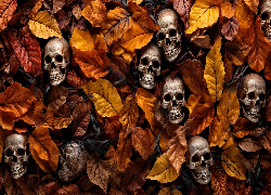 Halloween, Czaszki, Liście, Grafika AI