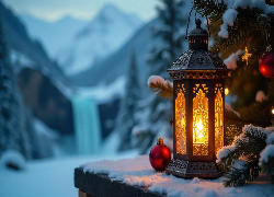 Boże Narodzenie, Śnieg, Lampion, Świeca, Bombki, Choinka, AI