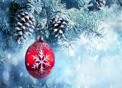 Boże Narodzenie, Drzewka, Świerk, Bombki, Szyszki, Śnieg