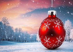 Boże Narodzenie, Czerwona, Bombka, Zima, Drzewa, Śnieg