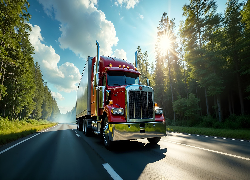 Droga, Ciężarówka, Czerwona, Drzewa, AI