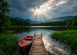 Jezioro, Łódka, Pomost, Chmury, Las
