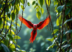 Ptak, Czerwona, Papuga, Liany, Liście, AI