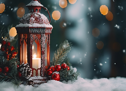 Śnieg, Lampion, Gałązki, Bombki, Boże Narodzenie