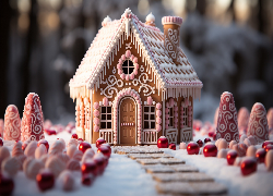 Pierniki, Udekorowany, Domek, Stożki, Czerwone, Białe, Kule, AI