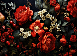 Kwiaty, Czerwone, Białe, Czarne, Tło, Grafika