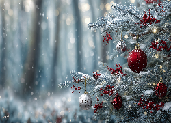 Boże Narodzenie, Choinka, Czerwone, Srebrne, Bombki, Grafika AI