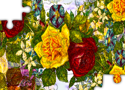 Kwiaty, Żółte, Czerwone, Róże, Grafika