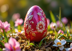 Wielkanoc, Czerwona, Pisanka, Kwiaty, Grafika AI