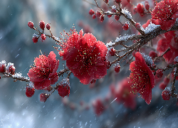 Czerwone, Kwiaty, Gałązki, Śnieg, Grafika AI