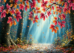 Jesienne, Liście, Drzewa, Jesień, Grafika AI