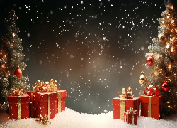 Boże Narodzenie, Śnieg, Choinki, Prezenty