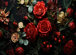 Kwiaty, Grafika, Czerwone, Róże