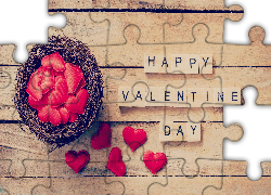 Walentynki, Serduszka, Czerwone, Napis, Happy Valentine Day, Deski