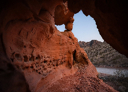 Jaskinia, Skały, Rzeka, Góry, Park stanowy Valley of Fire, Nevada, Stany Zjednoczone