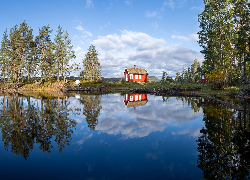 Norwegia, Ringerike, Jezioro Vaeleren, Drzewa, Łódka, Dom, Chmury, Odbicie