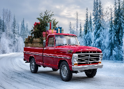 Czerwony, Ford, Pickup, Prezenty, Choinka, Droga, Las, Świąteczne, Zima, Grafika