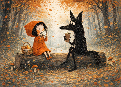 Grafika, Bajka, Czerwony Kapturek, Wilk, Kłoda, Drzewa, Jesień, Las