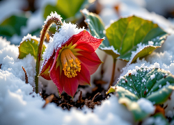 Kwiat, Czerwony, Liście, Śnieg, Grafika AI