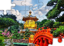 Świątynia, Golden Pavilion Chi Lin Nunnery Temple, Ogród, Chi Lin Nunnery, Most Diamond Hill, Hongkong, Chiny