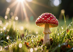 Muchomor, Czerwony, Grzyb, Trawa, Rosa, Bokeh, Grafika AI