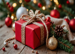 Czerwony, Prezent, Kokarda, Bombki, Szyszka, Gałązki, Świąteczne