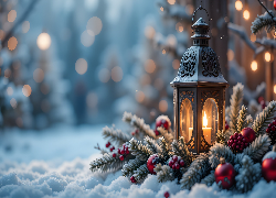 Boże Narodzenie, Śnieg, Lampion, Świeca, Gałęzie, Świerkowe, Bombki