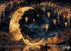 Jezioro, Łódka, Człowiek, Góry, Balony, Noc, Księżyc, Fantasy