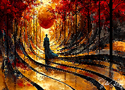 Fantasy, Człowiek, Drzewa, Jesień, Linie