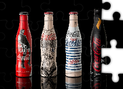 Coca-Cola, Napój, Cztery, Butelki, Czarne, Tło, Odbicie