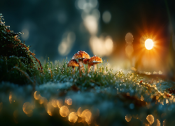 Grzyby, Trawa, Bokeh, Grafika AI